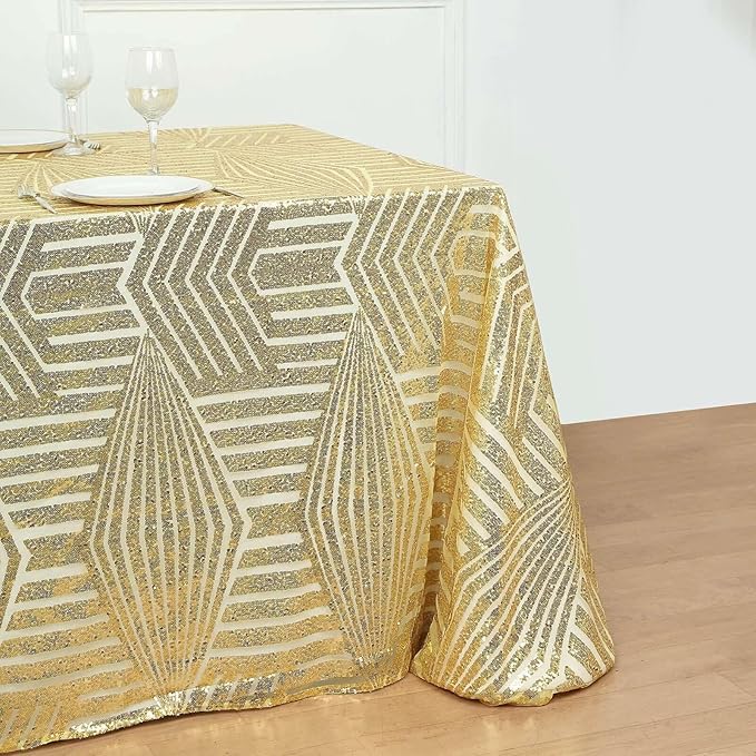 Efavormart 90"X132" Gold Sparkly Sequin Geometric Tulle Rectangular Tablecloth