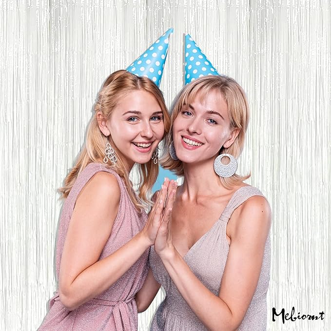 4 Pack White Fringe Curtain Backdrop, 3.2Ft x 6.6Ft Metallic Tinsel Foil Fringe Streamers Background for Photo Booth Birthday Wedding Baby Shower Carnival Easter Mother’s Day Party Decorations