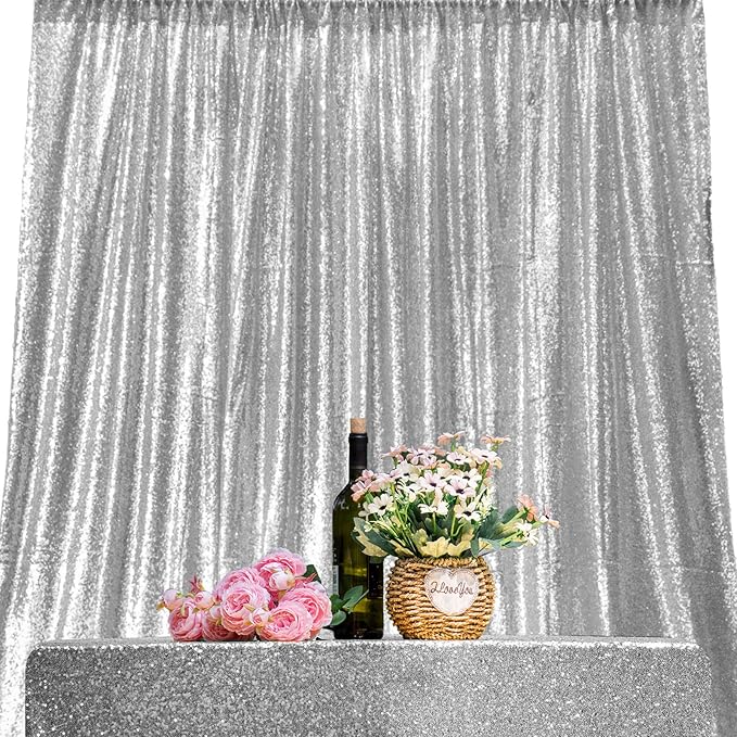 Silver Sequin Backdrop Curtains 1 Panel 8FTx8FT Wedding Photo Backdrop Drapes Glitter Birthday Bridal Party Curtains Sparkle Background Party Decor Curtains