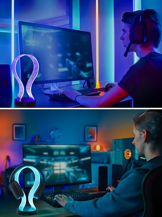 YuanDian RGB Headphone Stand with 1 USB Charging Port and 1 Type-C Charging Ports, Desk Gaming Headset Holder with 16 Changing Colors by Remote, Gift for Gamers Men and Music Lovers