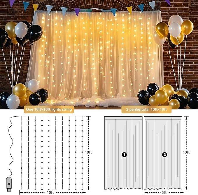 Ledido 10×10ft Tulle Backdrop Curtains with Lights String - 300LED Fairy Lights Sheer Curtain Backdrop for Weddings Baby Shower and Birthday Party Decorations(2 Panels 5×10ft)