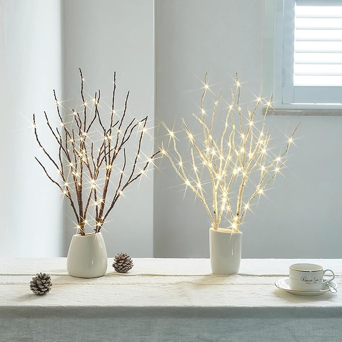 Hairui Lighted Birch Branches 18IN 70 White Willow LED Battery Operated with Timer Twig Lights for Summer Christmas Wedding Decoration Indoor Outdoor(Vase Excluded)