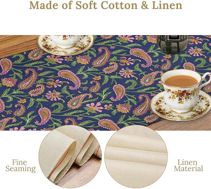 Colorful Paisley Floral Table Runner, Vintage Pink Purple Flowers Green Plants Leaves Print Table Runner for Kitchen Dining Table Indoor Outdoor Home Party, 13x70inch