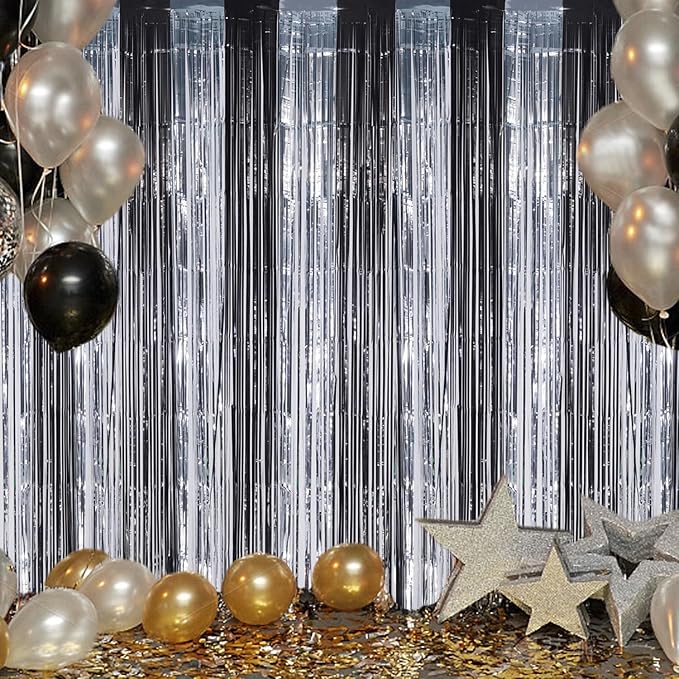 3 Pack Foil Fringe Backdrop - Black&Silver Shiny Tinsel Curtains for Party Decoration/Photo Booth Props - 3.3x8.2 FT Metallic Foil Backdrop for Birthday, Wedding, Graduation, Christmas.