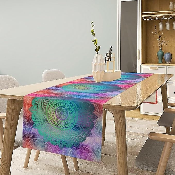 Green Mandala Table Runner, Bohemian Vintage Colorful Exotic Colorful Floral Print Table Runner for Wedding Dining Table Holiday Party Kitchen Home Decor, 13x36inch