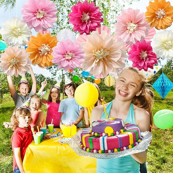 12pcs 10in 12in Paper Flowers Tissue Flowers Pom Paper Pom Poms Hanging Paper Flowers Wall Backdrop Wedding Party Flower Decorations DIY Art Craft Blooms for Birthday Baby Shower Nursey Decor Orange