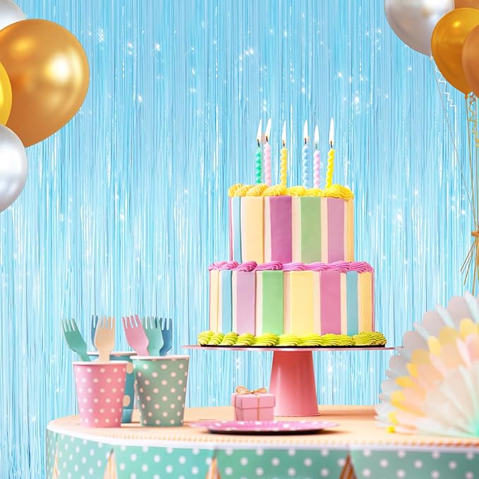 2 Pack Macaron Light Blue Metallic Tinsel Foil Fringe Curtains, Door Streamers Photo Booth Backdrop for Birthday Party, Tinsel Curtain Backdrop for Baby Shower Bachelorette Christmas Party Decorations