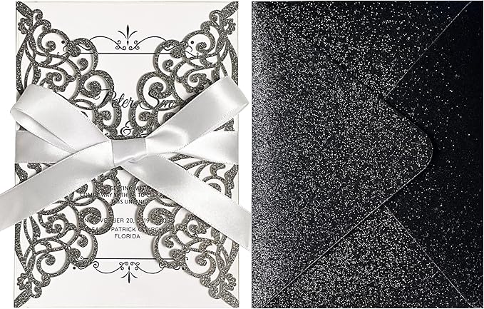50Pcs Laser Cut Black Wedding Invitation With Glitter Envelopes And Ribbons Blank Personalized Card Invitaciones Para quinceañera Birthday Baby Shower Christmas Party Bridal Shower
