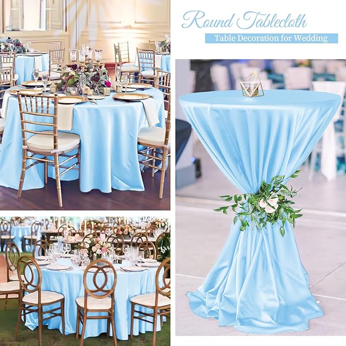 12 Pack 108 Inch Light Blue Satin Tablecloth - Silky Round Tablecloth Overlay Smooth Fabric Table Cover, Bright Table Decoration for Wedding Party Banquet Events Restaurant Kitchen Dining