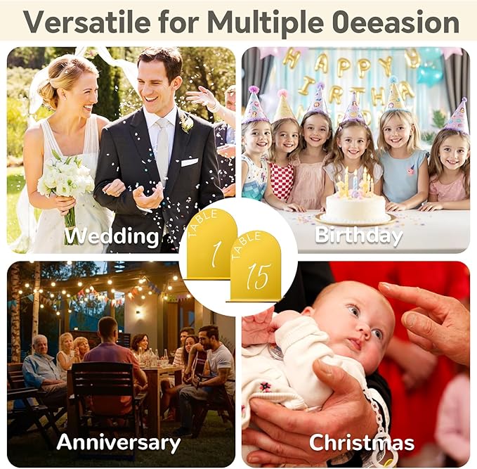 Gold Wedding Table Numbers 1-15 w/Stands: Gold Mirror Arch 5x7 Acrylic Display Signs and Holders - Perfect for Wedding Receptions, Party, Anniversaries, and Events