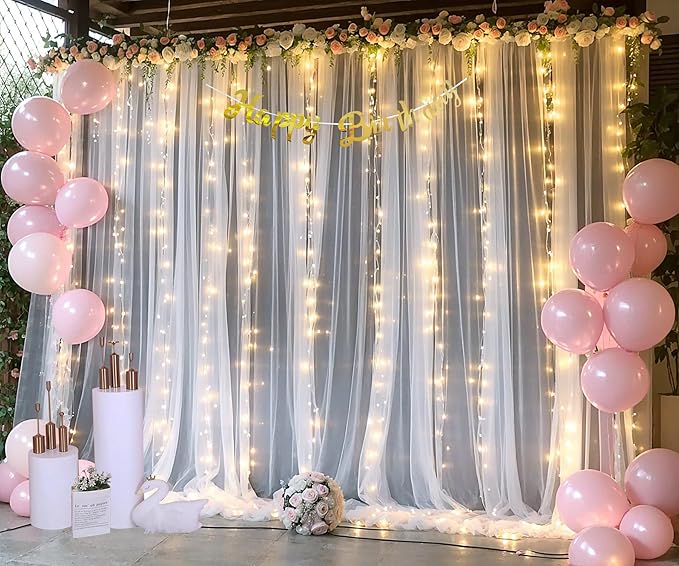 White Tulle Backdrop Curtain with Lights String for Parties Wedding Bridal Shower Sheer White Curtain Backdrop for Birthday Baby Shower Photo Booth Photography Background Decorations 10ft x 8ft