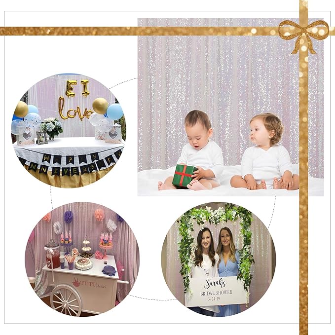 Juya Delight White Iridescent Backdrop Curtain, Sequin Photography Backdrop Curtain for Wedding Party Decoration Festival Ceremony,White Iridescent,2ftx8ft,2 Panels