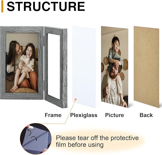 decorUhome Double 8x10 Picture Frame Vertical, Engineered Wood Bifold Photo Frame with Plexiglass for Tabletop Display, 8x10, Grey