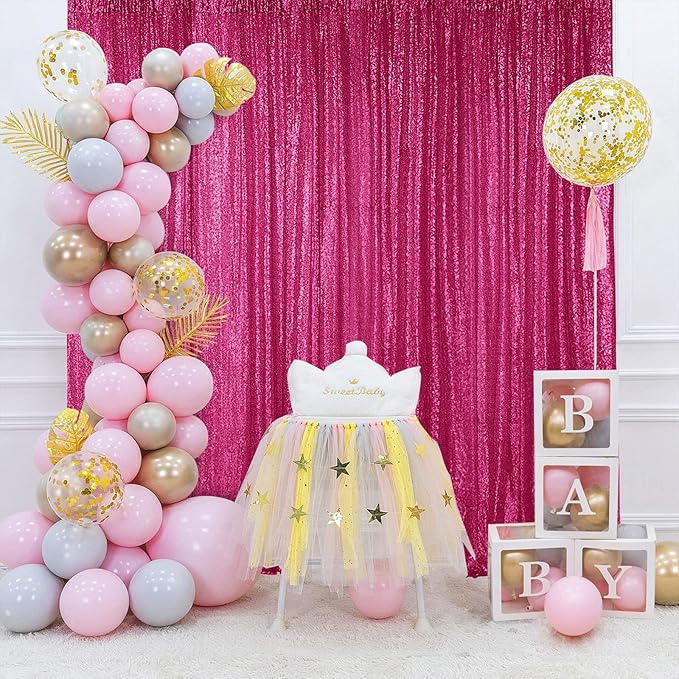 Hahuho Fuchsia Sequin Backdrop Curtain, 2PCS 2FTx8FT Glitter Backdrop Curtain for Parties, Christmas, Wedding, Party Decoration（2 Panels, 2FT x 8FT, Fuchsia
