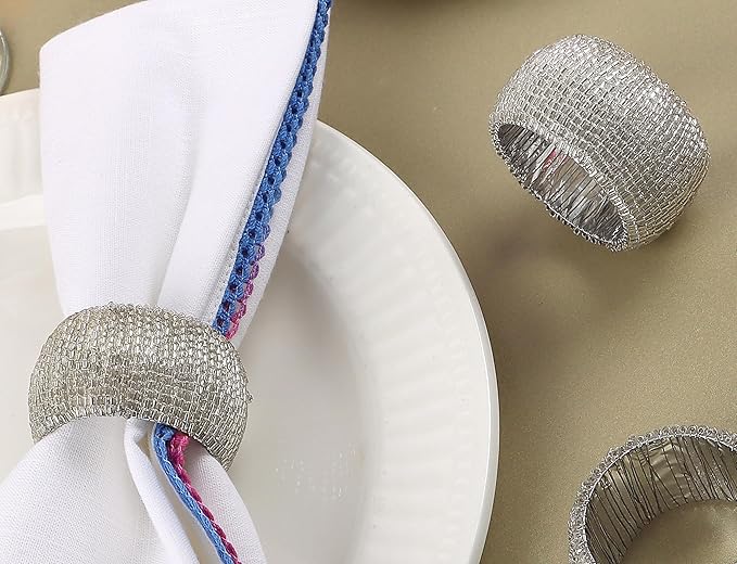 12 Pcs Beaded Napkin Rings - Rhinestone Napkin Buckles Glossy Napkin Bling Round Holders for Easter Holiday Wedding Banquet Home Party Dining Table Decoration (Silver) - CLEENTABLE