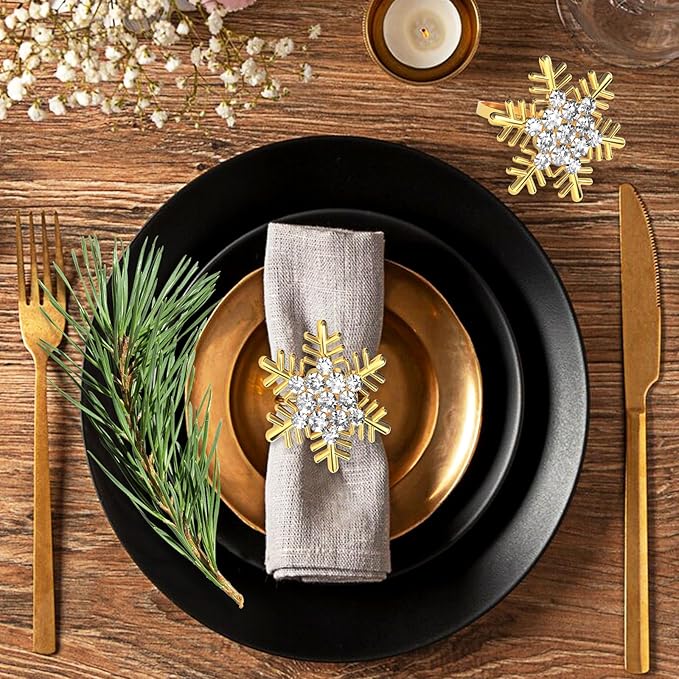 Halatool Christmas Napkin Rings Set of 12, Gold Snowflake with White Rhinestone Napkin Holder for Christmas Thanksgiving Winter Holiday Place Setting, Weddings, Party Table Decoration