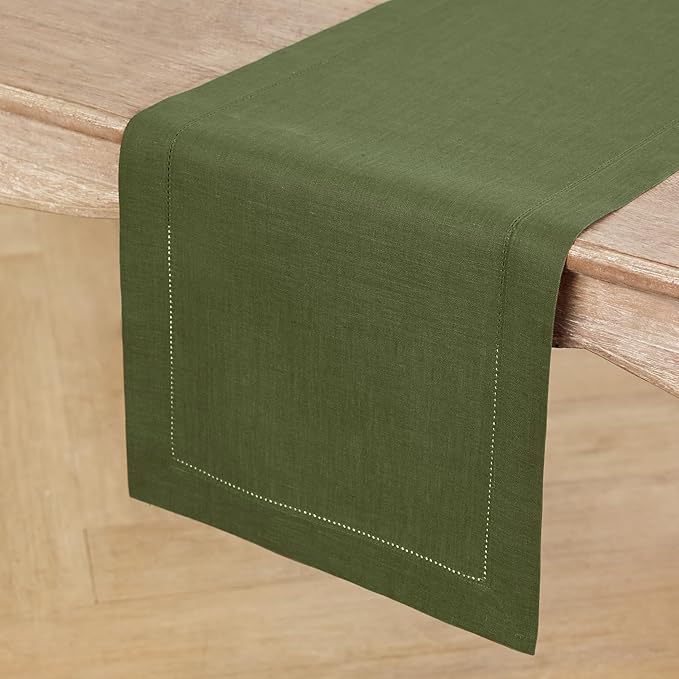 Solino Home Linen Olive Table Runner 120 Inches Long - 100% Pure Linen Hemstitch 14 x 120 Inch Table Runner for Dining, Fall, Autumn, Thanksgiving - Classic Hemstitch
