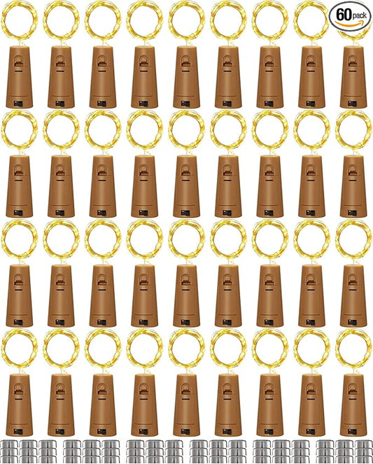 Hortsun 60 Pack Wine Bottle Lights with Cork Fairy Mini String Lights Battery Operated Mini Waterproof 7 ft Silver Wire 20 Led Cork Shape for Christmas, DIY, Party, Decor, Wedding, Bar(Warm White)