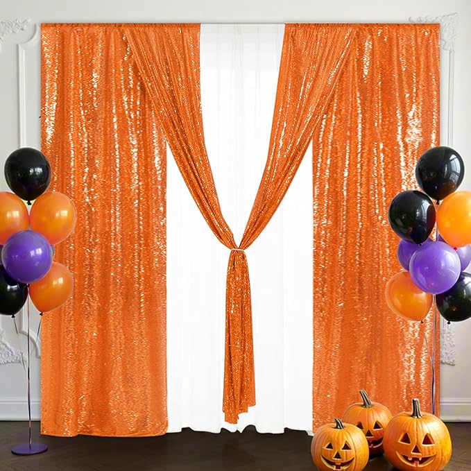 Eternal Beauty 4 PCS Sequin Backdrop Curtain, Halloween Sequin Wedding Backdrop for Christmas Party, Birthday (Orange 2FTx8FT)