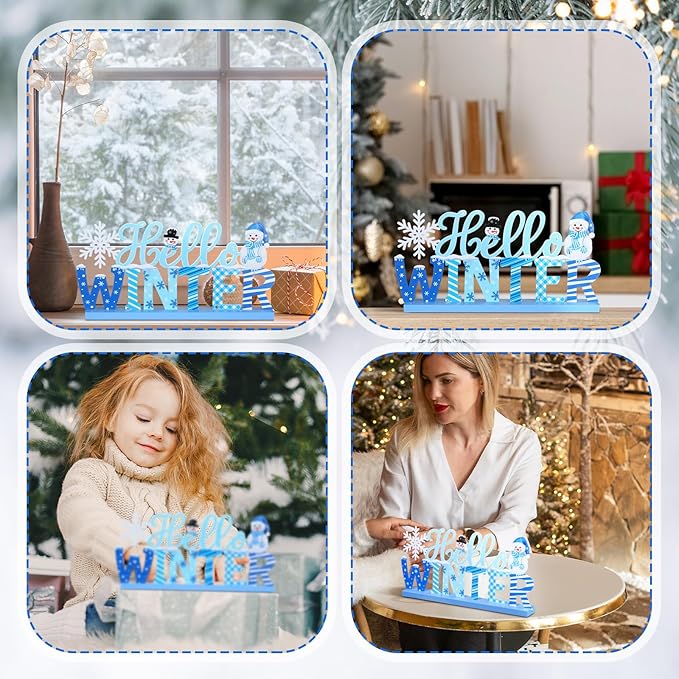 Winter Metal Sign Hello Winter Table Decor Christmas Tiered Tray Decor with Wooden Base Metal Blue and White Snowman Snowflake for Xmas Home Tabletop Centerpiece Mantel Shelf Fireplace