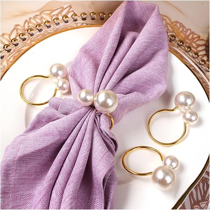 Pearl Napkin Rings Set of 12, Gold Pearl Napkins Rings Holder Delicate Serviette Buckle for Wedding Thanksgiving Christmas Family Birthday Party Kitchen Table Décor(12 Big Pearl)