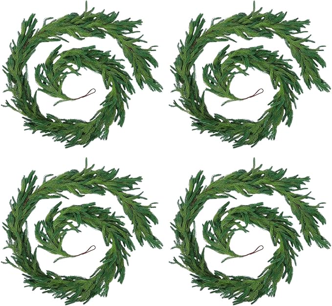 Hananona 4 Pcs 6 Ft Artificial Norfolk Pine Garlands, Realistic Pine Garland, Green Artificial Greenery Garland for Table, Mantle, Wall, Indoor, Outdoor Winter Christmas Decorations (4, 6 FT)