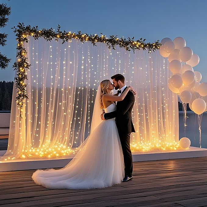 Ledido 10×8ft Tulle Backdrop Curtains with Lights String - 300LED Fairy Lights Sheer Curtain Backdrop for Weddings Baby Shower and Birthday Party Decorations(8 Panels 5×8ft)