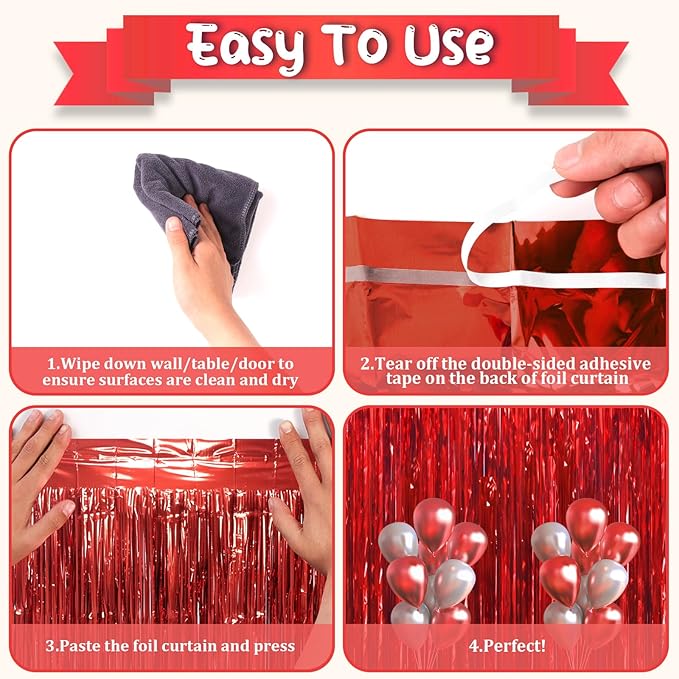 3 Pack 3.3 x 6.6 ft Red Foil Fringe Backdrop Curtains, Tinsel Streamers Party Decorations, Fringe Backdrop for Birthday, Baby Shower, Gender Reveal, Graduation