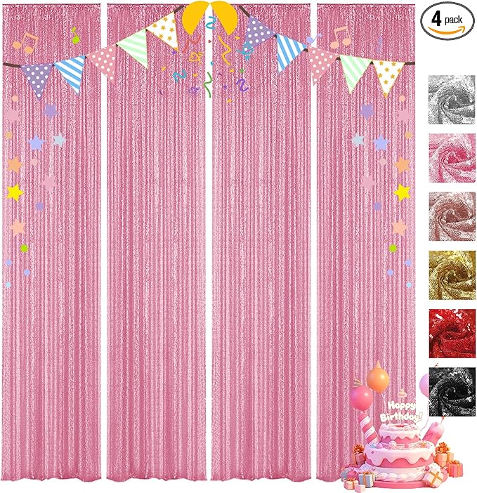 VOK Pink Sequin Backdrop Curtains 4 Panels 2FTx8FT Glitter Photography Background for Wedding Birthday Christmas Party Decorations