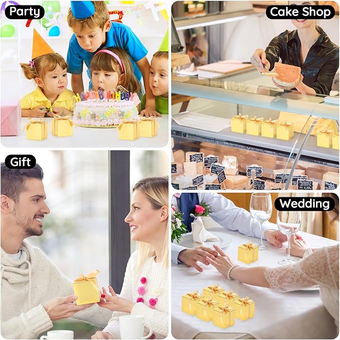 EUSOAR Small Gift Boxes with Lids, 30pcs 3x3x3 Inches Gold Boxes Small Treat Box with Ribbons, Cube Candy Box Mini Muffins Macaron Container for Wedding Birthday Party Advent Calendar DIY Supplies