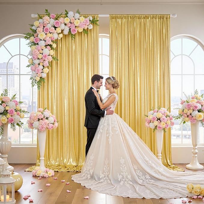 10x10FT Gold Sequin Backdrop - 2 Panels 5x10FT Wrinkle-Free Glitter Drapes for Weddings, Parties & Events