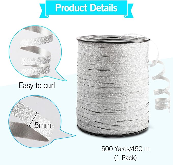 Silver Curling Ribbon, 500 Yard Christmas Glitter Curly Ribbons for Gift Wrapping, Thin Balloon String Ribbon for Balloons Arch, 3/16" Gift Ribbons for Baby Shower, Florist Flower Party Decorations