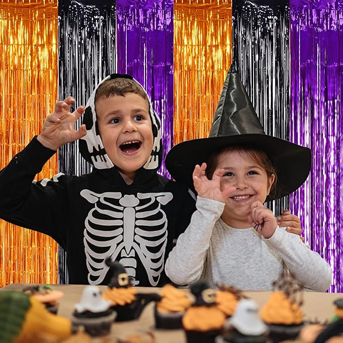 TONIFUL 2Pcs Orange Purple Black Metallic Tinsel Foil Fringe Curtains,3.28ft x 6.56ft Halloween Photo Booth Backdrop Streamer,Photo Props,for Party Door Wall Curtains Wedding Birthday(9.9ft x 6.6ft)