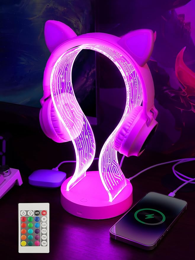 YuanDian Pink Headphone Stand, with 1 USB Charging Port and 1 Type-C Charging Ports, Desk Gaming Headset Holder, 16 Changing Colors with Remote, Gift for Gamers Girl and Music Lovers