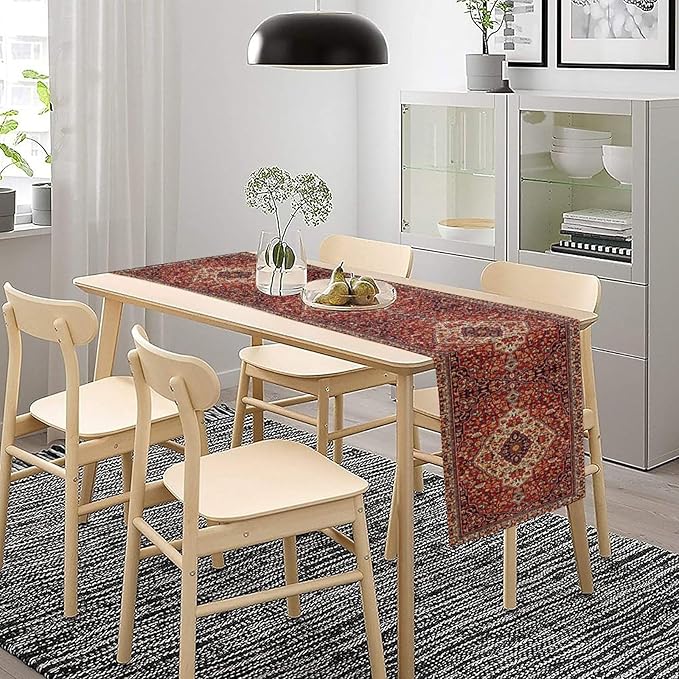 Boho Floral Vintage Table Runner, Paisley Retro Red Flower Rustic Country Farmhouse Abstract Pattern for Home Kitchen Table Decor Dining Coffee Room Party Decor 13x120in