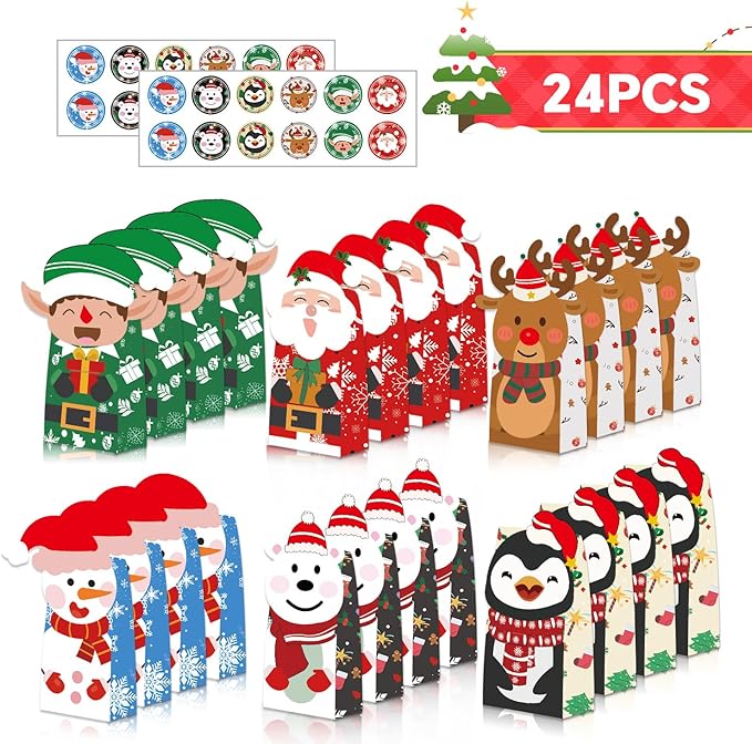 Tikitup 24PCS Christmas Treat Bags,24PcS Christmas Stickers,Xmas Cookies Wrapping Gift for Classrooms Holiday Party Supplies