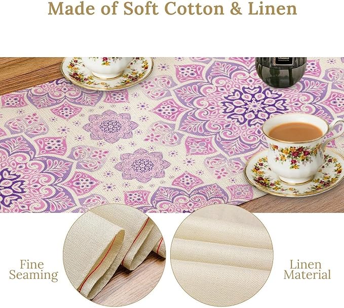 Purple Pink Mandala Table Runner, Traditional Indian Boho Mandala Flowers Print Table Runne for Kitchen Dining Table Office Wedding Party Holiday Home Decor, 13x36inch