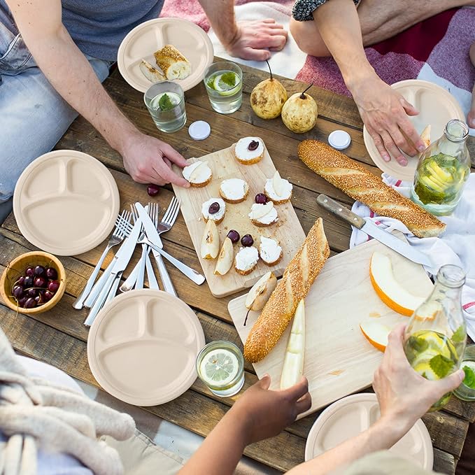 ECOLipak 125 Pack Compostable 3 Compartment Plates, 8.85 inch Heavy-Duty Disposable Paper Plates, Eco-Friendly Biodegradable Sugarcane Bagasse Divided Plate for Dinner