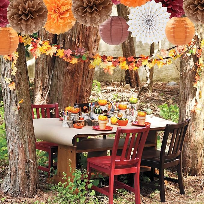 Burgundy Brown-Orange Baby-Shower Boho Party-Decorations - 20pcs Fall Autumn Paper Lanterns Fans,Tissue Pom Poms,Honeycomb Balls,Wedding Birthday Bridal Harvest Thanksgiving Festival Decor Burgleda