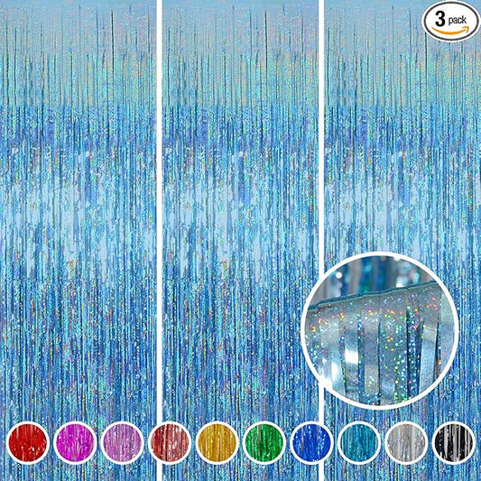 Foil Fringe Curtains Party Decorations - Melsan 3 Pack 3.2 x 8.2 ft Tinsel Curtain Party Photo Backdrop for Birthday Party Baby Shower or Graduation Decorations Light Blue