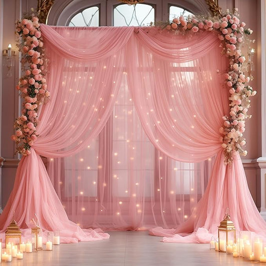 30×10ft Dusty Rose Tulle Backdrop Curtain with Lights String for Parties, Sheer Photo Backdrop Curtains for Wedding Party Photography Background