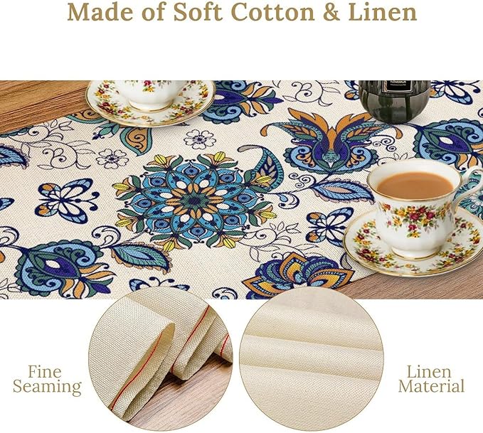 Oriental Paisley Table Runner, Luxury Vintage Blue Teal Floral Butterflies Print Table Runner for Home Dining Kitchen Coffee Table Party Decor, 13x60inch