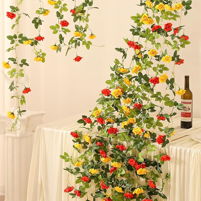Floweroyal 6 Pack Artificial Flower Garlands 15.8FT Fake Rose Vines Silk Flowers Hanging Rose Ivy for Wedding Arch Party Home Garden Wall Decor (Orange Yellow)