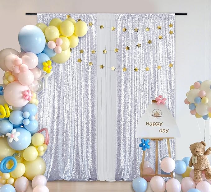 Silver Sequin Backdrop 2 Panels Christmas Party Backdrop Curtain,Glitter Photo Background for Wedding Baby Shower