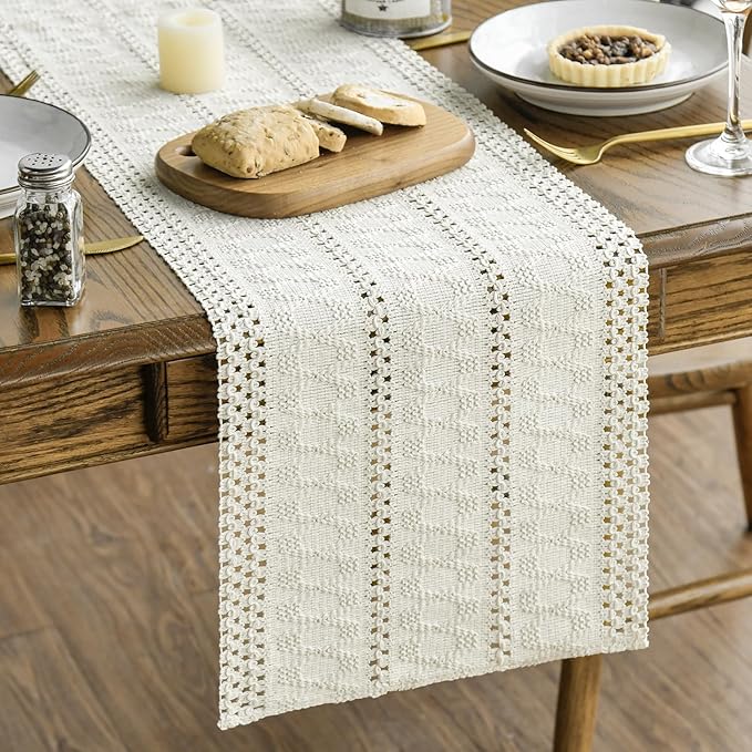 Artoid Mode Beige Farmhouse Woven Rustic Hollow Table Runner, Seasonal Holiday Hollow Kitchen Dining Table Decoration for Home Party Decor 12x120 Inch