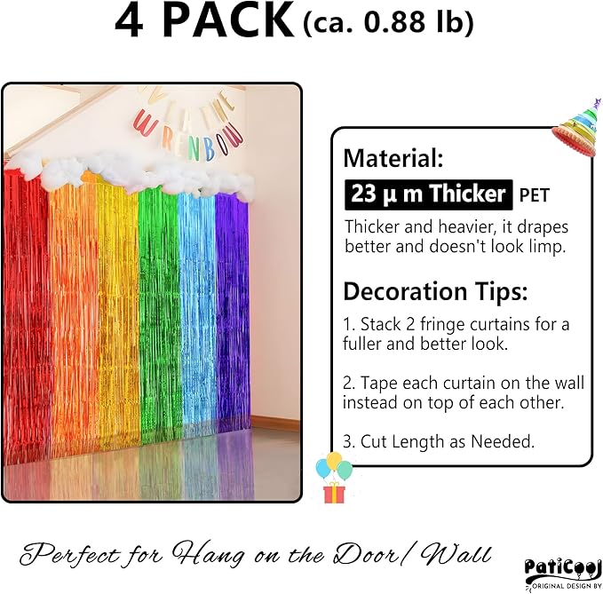 Rainbow Streamers Party Decorations - Thicken 4 Pack 3.2 x 8.2 FT - Rainbow Tinsel Foil Fringe Curtains, Photo Booth Props Backdrops for Birthday, Fiesta, Mexican, Pride, Baby Shower
