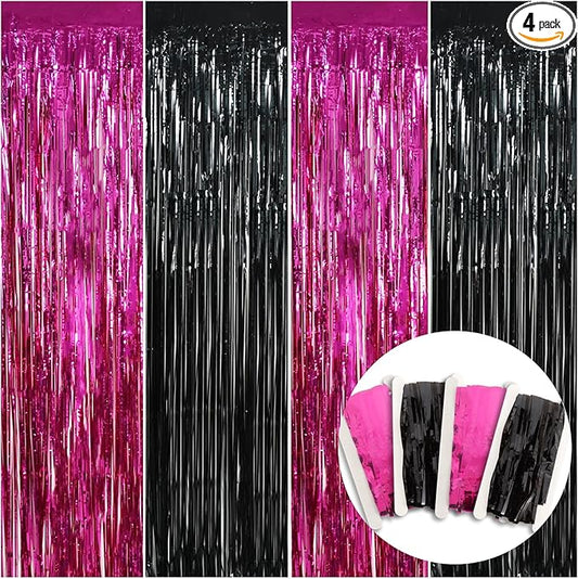 BEISHIDA 4 Pcs Hot Pink Black Door Streamers Curtain Party Streamers Backdrop Pink Party Hot Pink Wall Background for Party Decoration Photo Booth Props(3.28 ft x 6.56 ft)