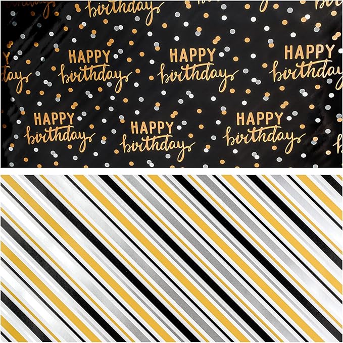 LeZakaa Reversible Black Birthday Wrapping Paper Roll for Boys Men, Happy Birthday Lettering & Stripe Pattern with Metallic Gold Foil in Black, Mini Roll, 17 inches x 32.8 Feet (46.45 sq.ft.)