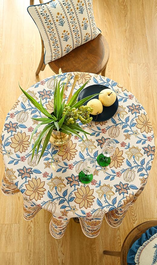 ISAENNE Designer Bohemian Floral Round Tablecloth,Linen Colorful Table Cloth,Wrinkle Resistant Decor Tablecloths for Dining Thanksgiving Kitchen Party Christmas,Diameter 67"-Estevan B