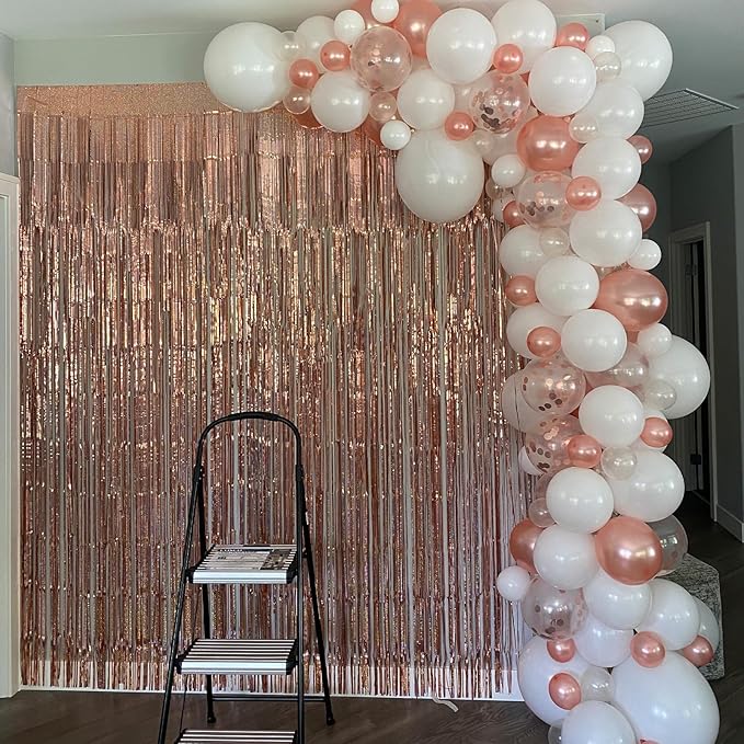 Foil Fringe Curtains Party Decorations - Melsan 3 Pack 3.2 x 8.2 ft Tinsel Curtain Party Photo Backdrop for Birthday Party Baby Shower Rose Gold